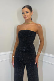 Strapless jumpsuit zwart met strass details front view