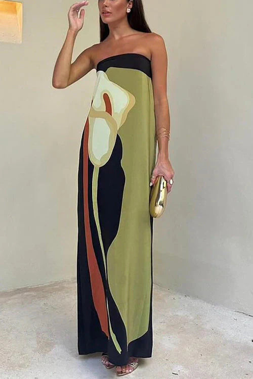 Luxe maxi-jurk met kleurrijke print en strapless design, front view