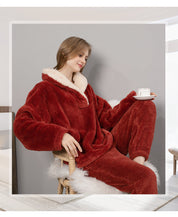 Red fleece pajama set with cream lining, front view