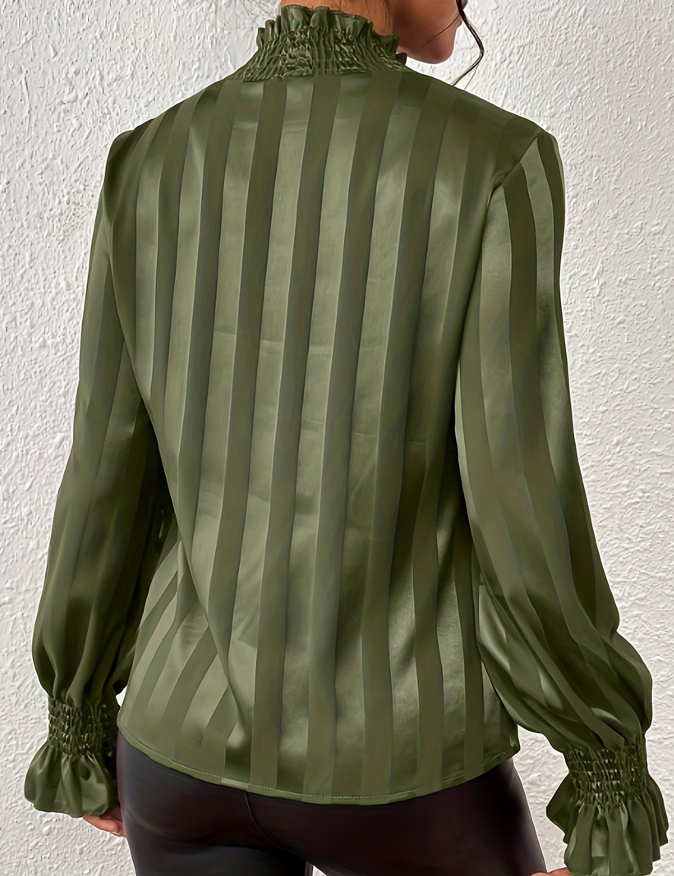 Olive striped satin blouse with ruffled cuffs close-up detail