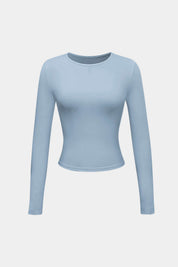 Light blue long-sleeve crop top front view
