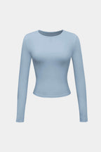 Light blue long-sleeve crop top front view