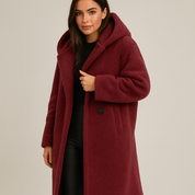 Damesjas rood teddybont met capuchon front view