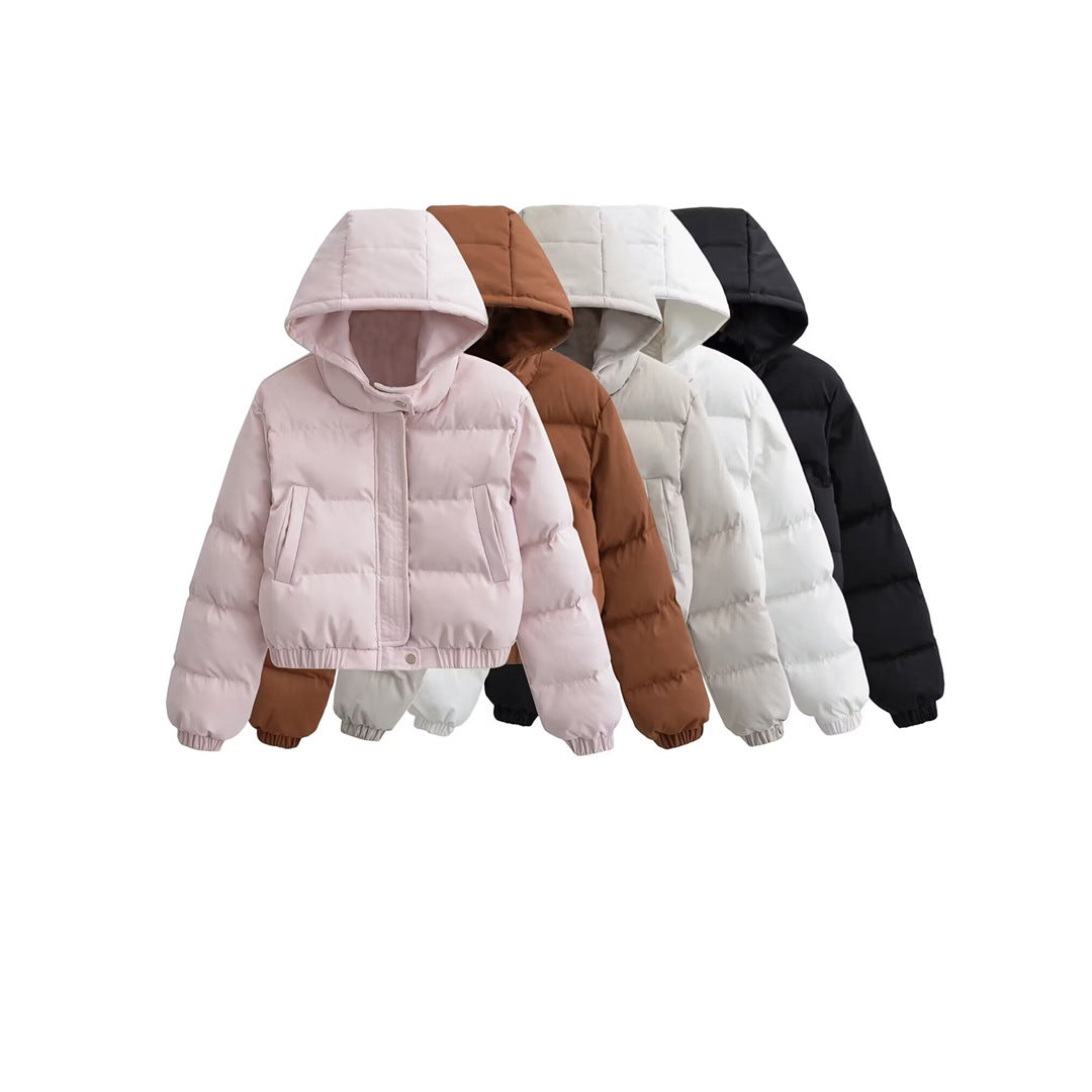 Puffer jackets in pink, brown, white, and black, front view