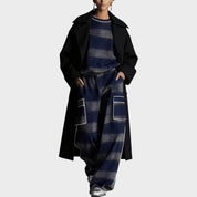 Tracksuit set navy blue and gray plaid with black coat
