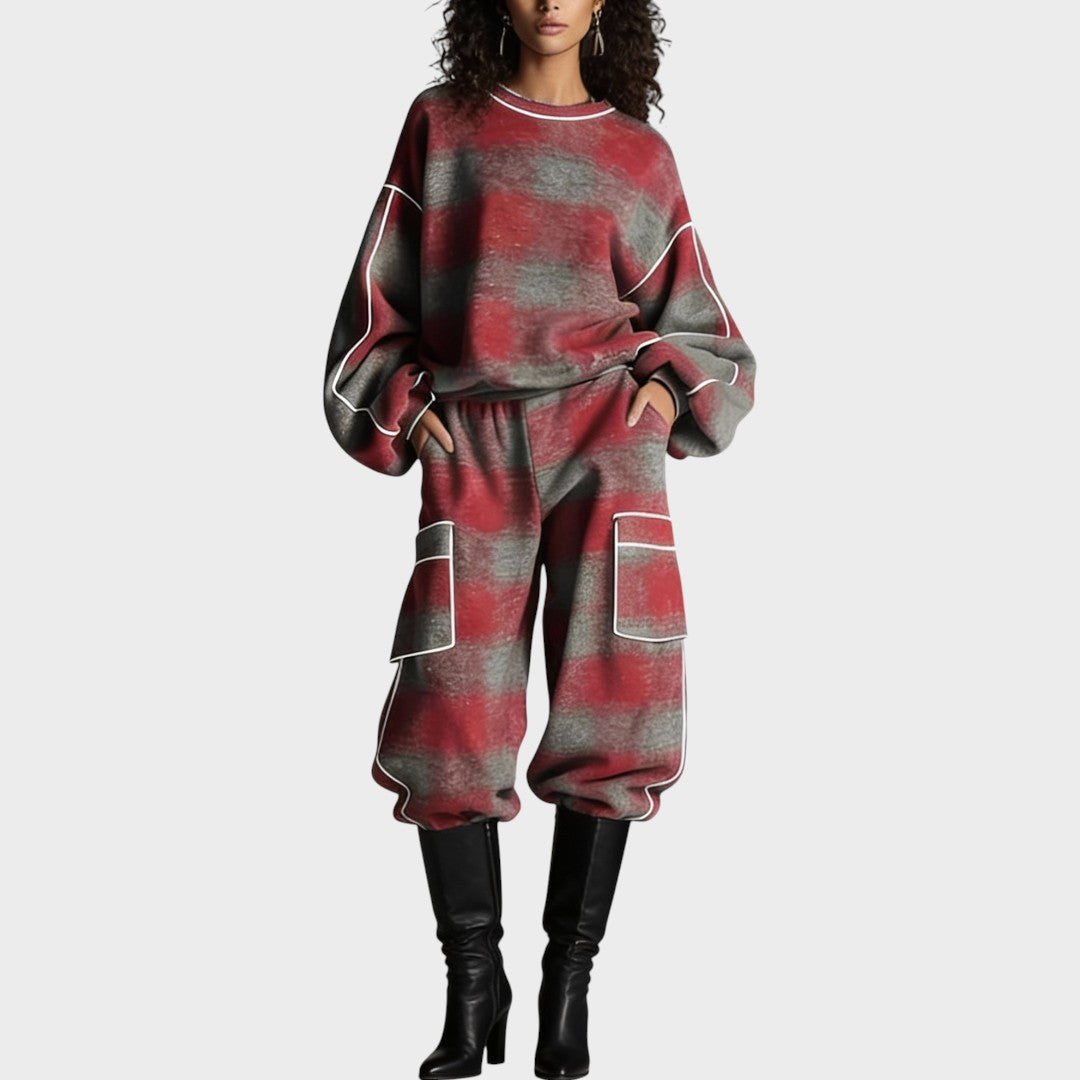 Tracksuit set red and gray plaid side profile