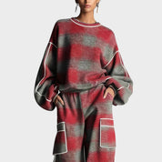 Tracksuit set red and gray plaid close-up detail