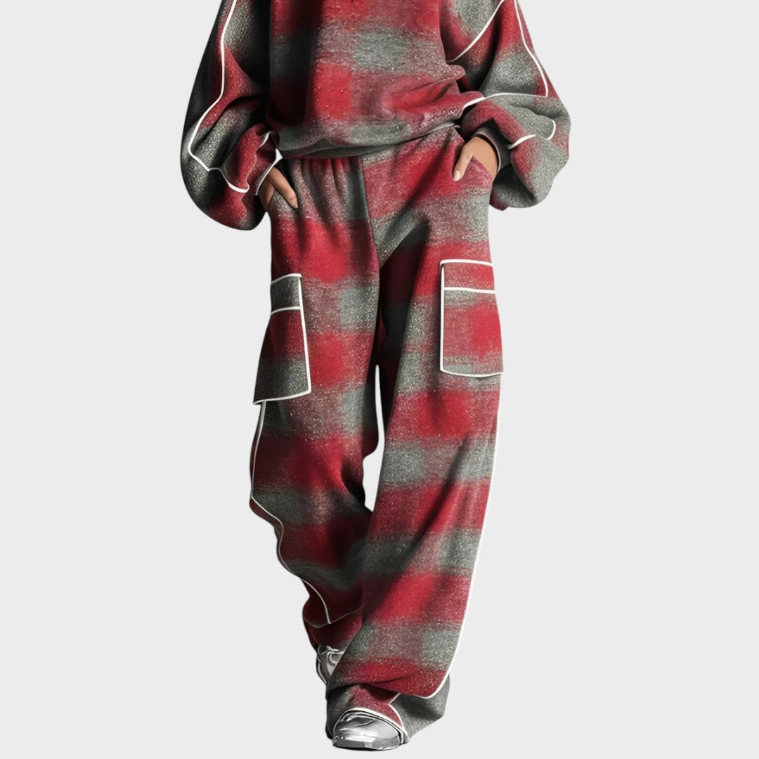 Tracksuit set red and gray plaid pants front view