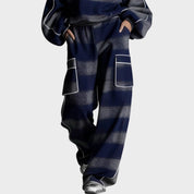 Tracksuit set navy blue and gray plaid pants front view