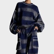 Tracksuit set navy blue and gray plaid close-up detail