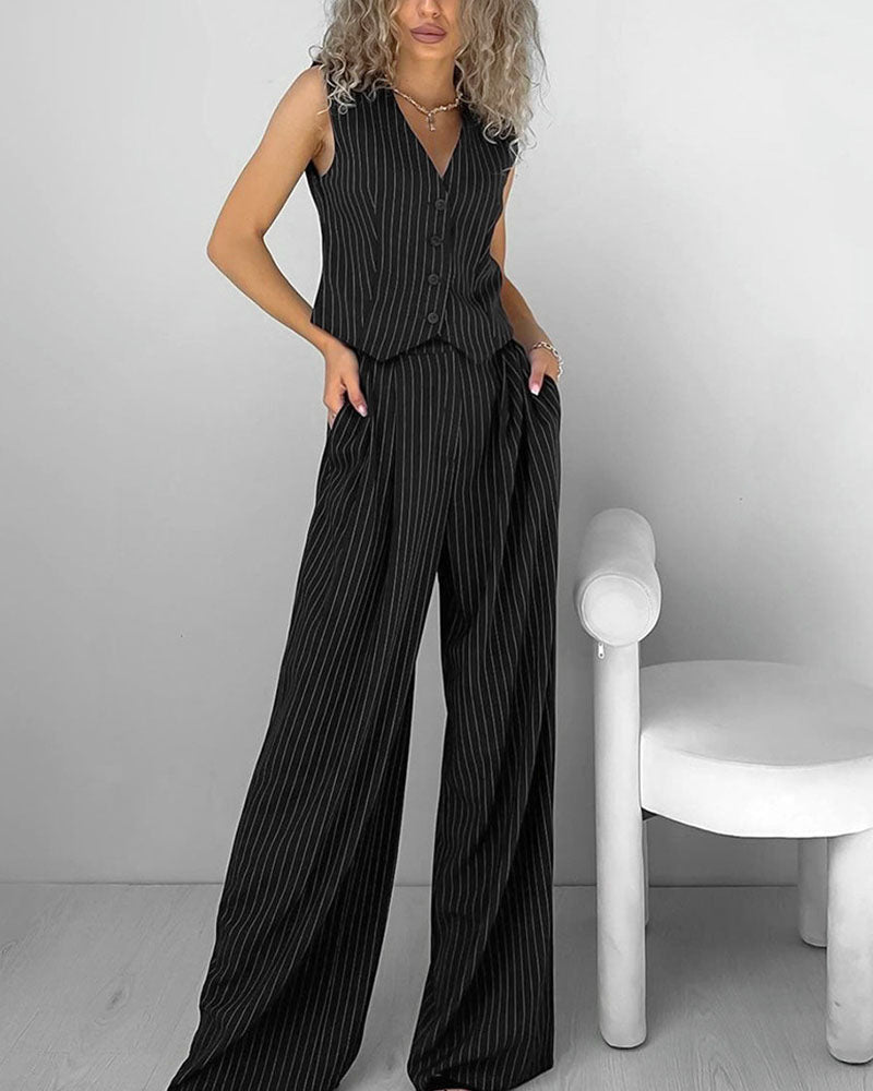 Black pinstripe jumpsuit front view
