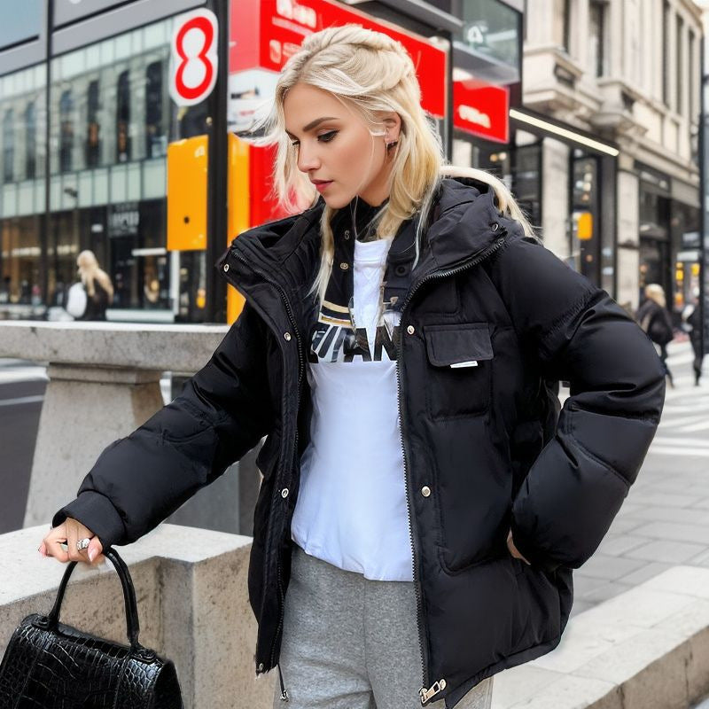 Puffer jacket black with hood city street