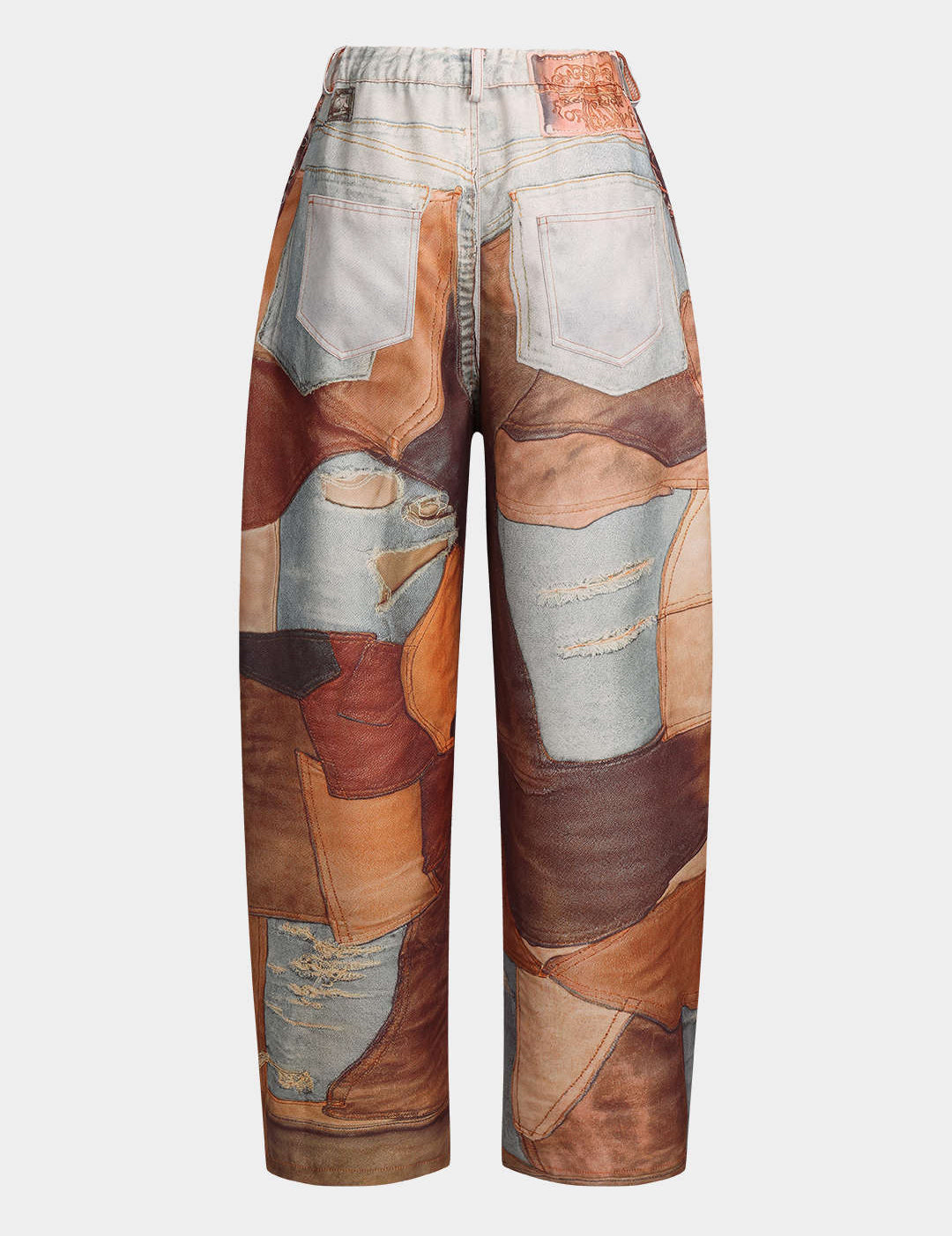 Jeans with patchwork pattern and distressed patches back view