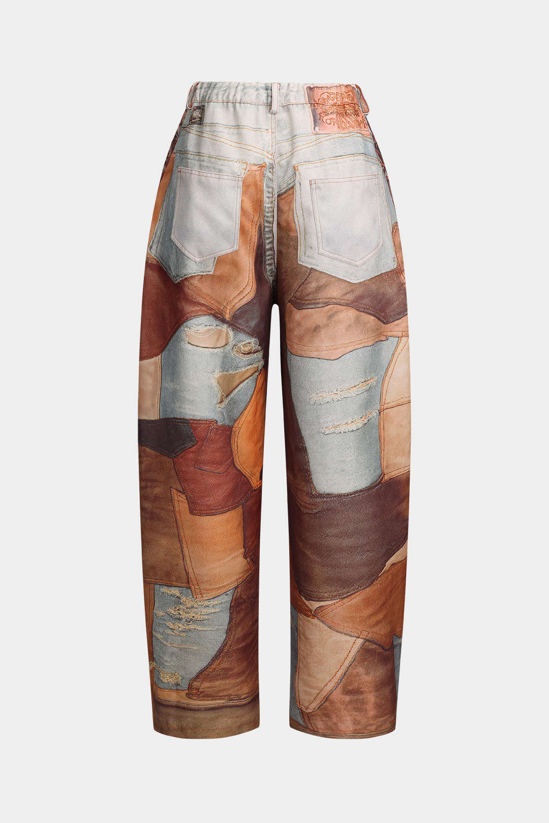 Jeans with patchwork pattern and distressed patches back view