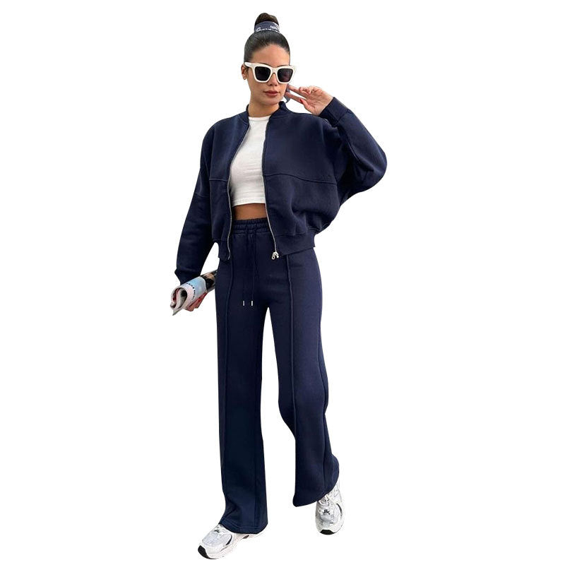 Navy cropped bomber jacket and wide-leg pants front view