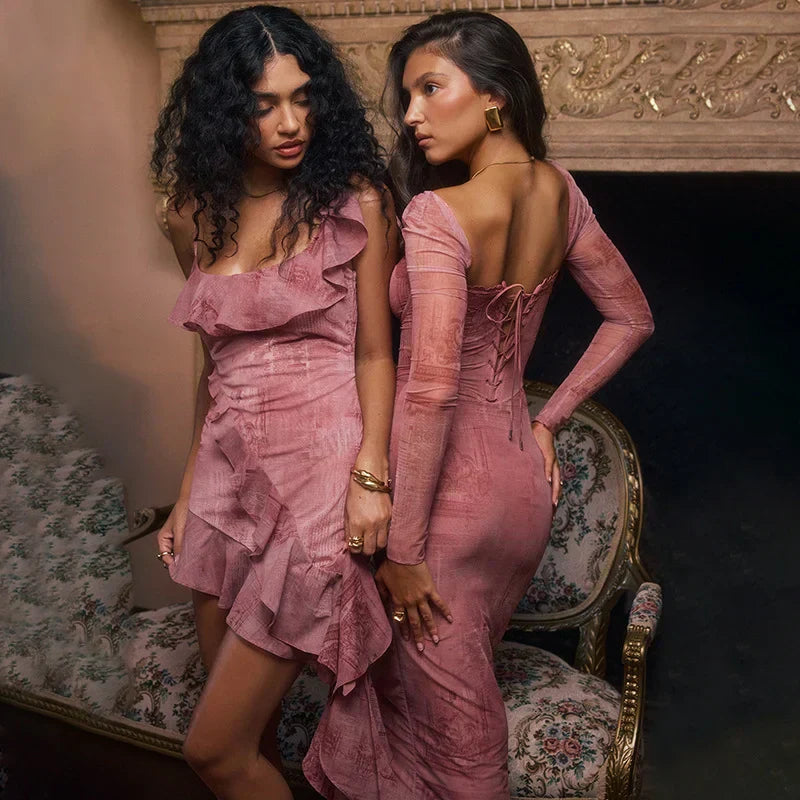 Pink lace midi dress worn with ruffle dress