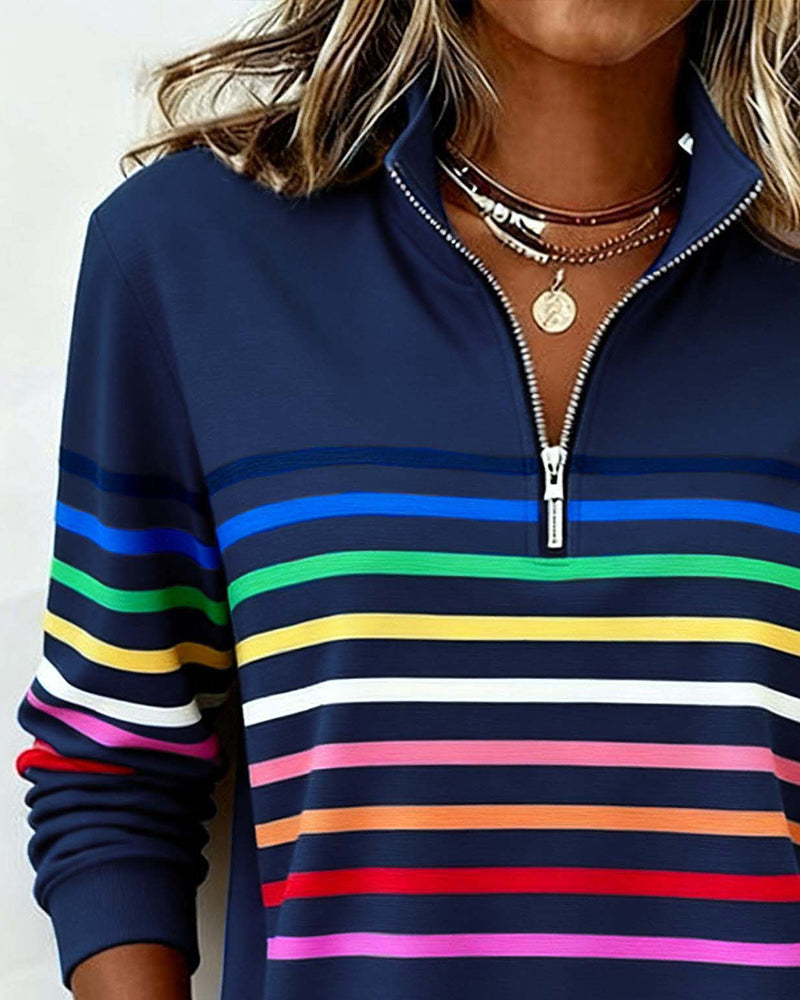 Navy sweatshirt with colorful stripes close-up neck view