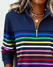 Navy sweatshirt with colorful stripes close-up neck view