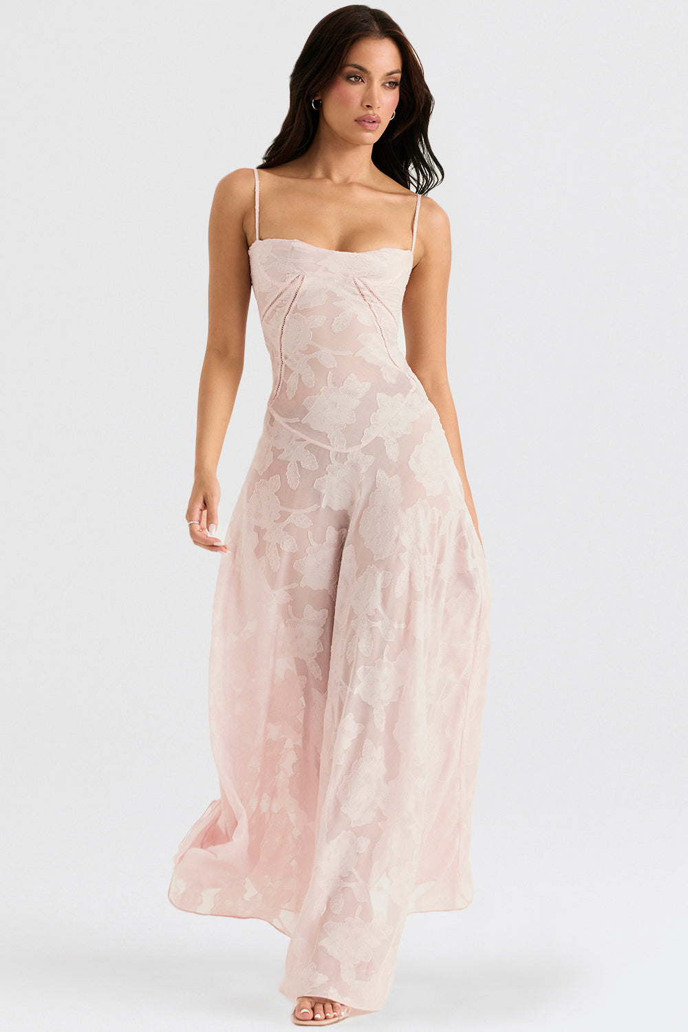 Pink lace maxi dress side view