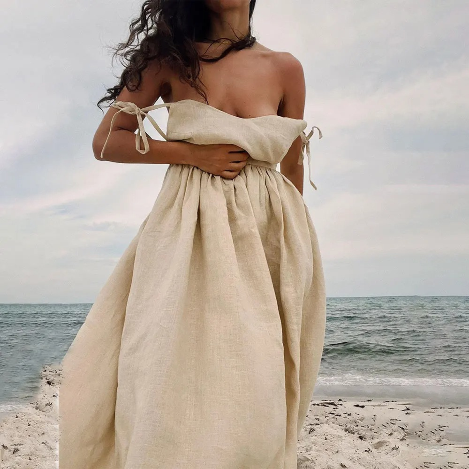 Midi dress beige front view with tie straps