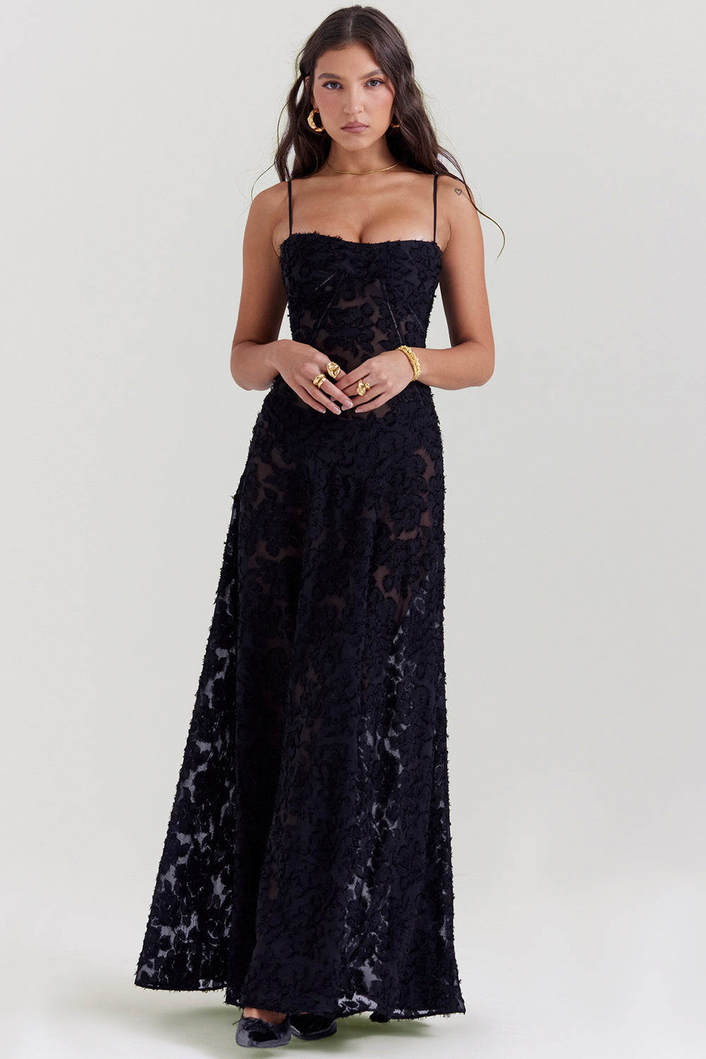 Black lace maxi dress front view