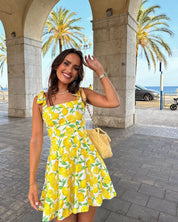 Zomerjurk met limoenprint wit en geel voorvijl