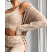 Beige fuzzy knit loungewear set close-up top detail