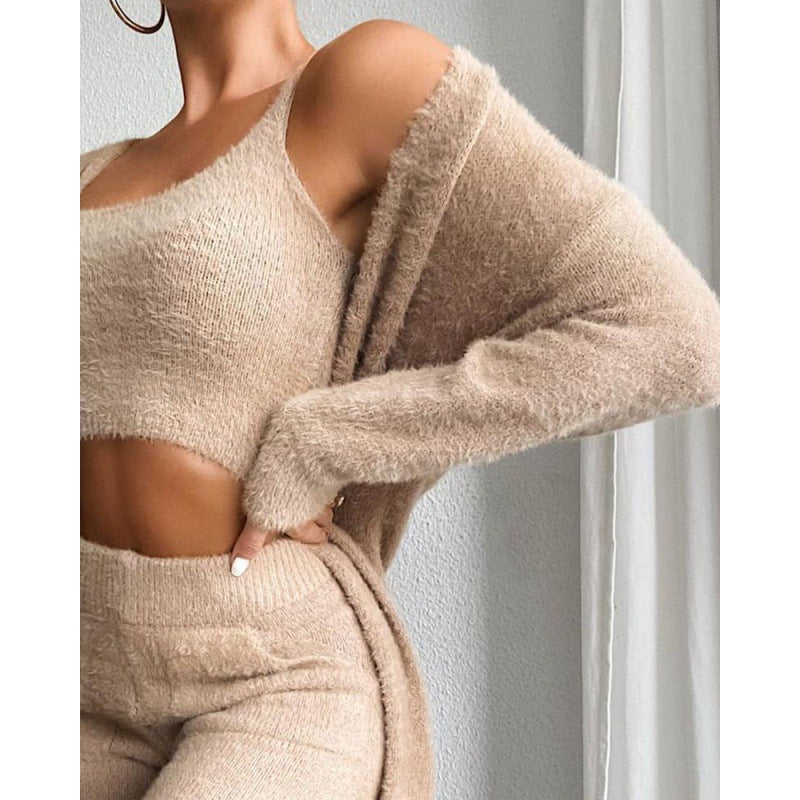 Beige fuzzy knit loungewear set close-up top detail