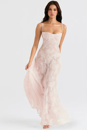 Pink lace maxi dress flowing front view