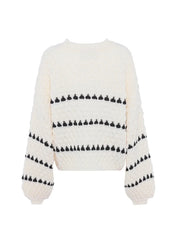 Cream chunky knit sweater with black heart pattern, front view on mannequin, slightly different angle