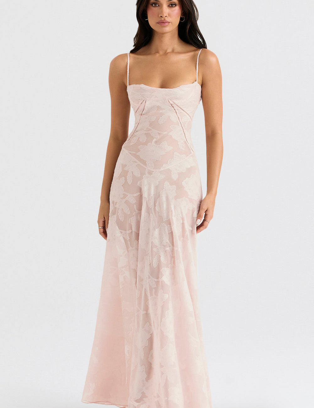 Pink lace maxi dress front view