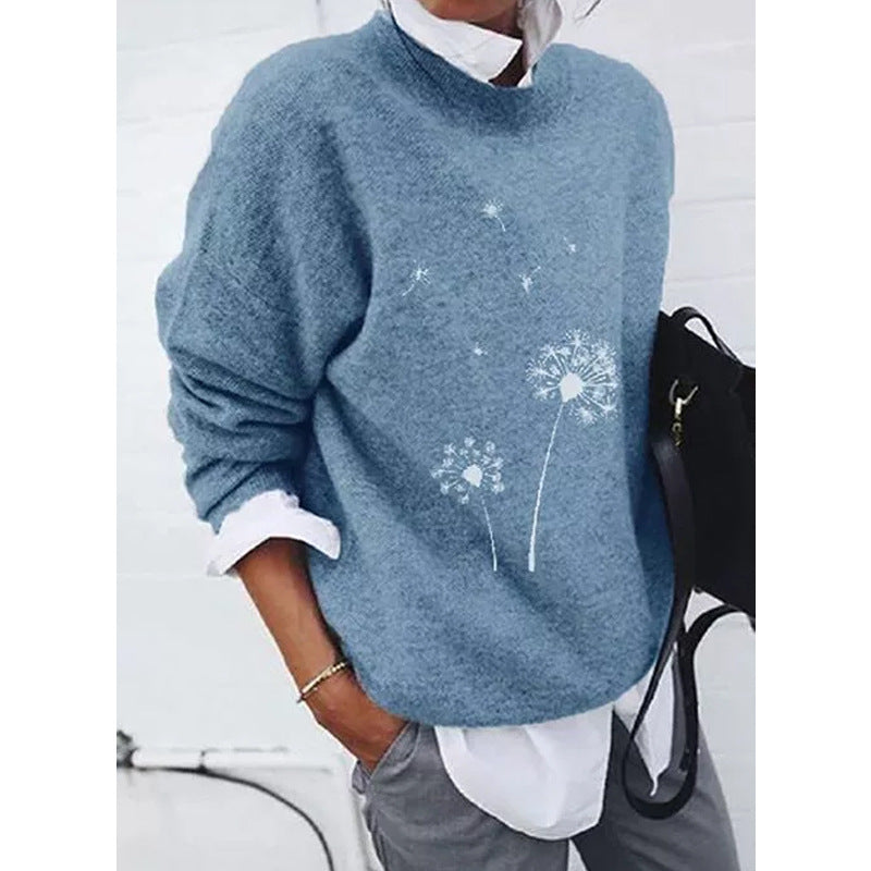 Blue sweater with dandelion print side view