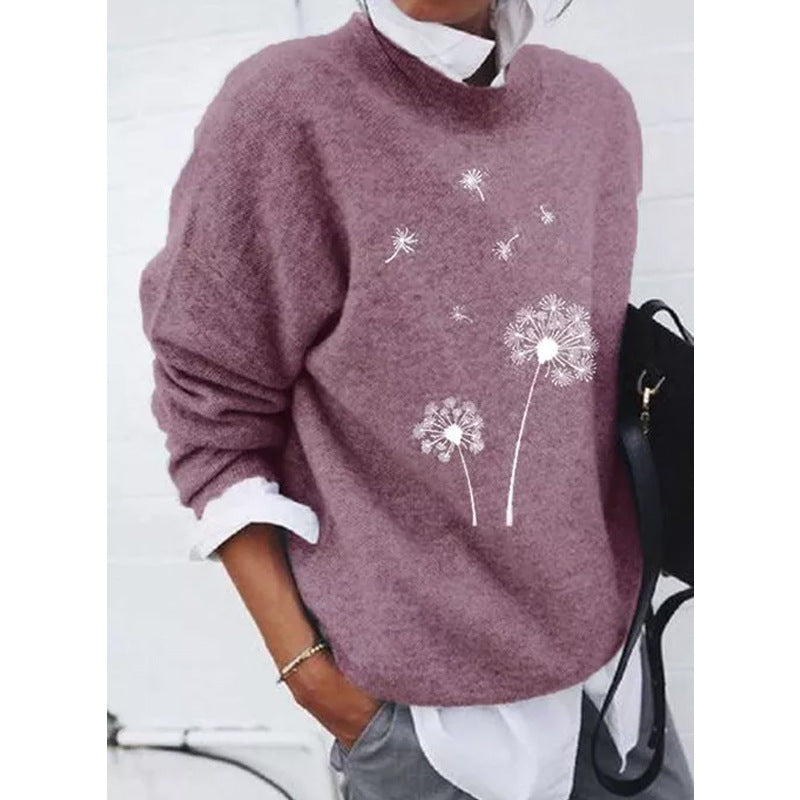 Mauve sweater with dandelion print side view