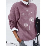 Mauve sweater with dandelion print side view