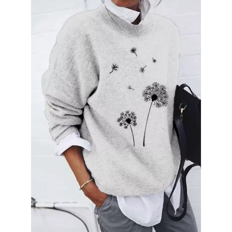 Gray sweater with dandelion print side view