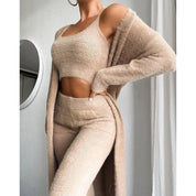 Beige fuzzy knit loungewear set close-up front view
