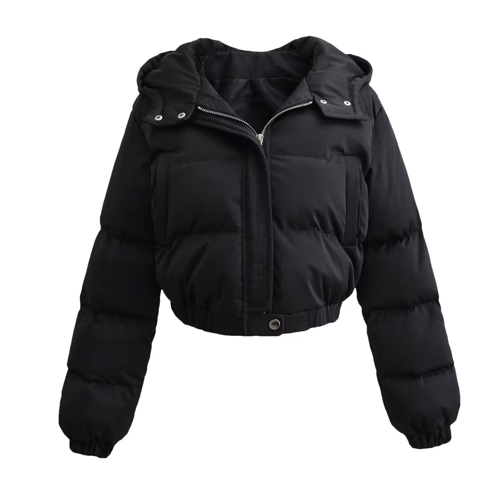 Black puffer jacket with hood, front view