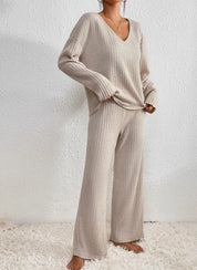 Tweedelig loungewear set dames beige ribstof front view