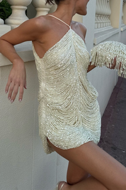 Mini halter dress beaded white three-quarter view