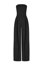 Strapless jumpsuit zwart met korsetdetail vooraanzicht
