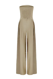 Strapless jumpsuit beige met smal bovenlichaam en wijde pijpen front view