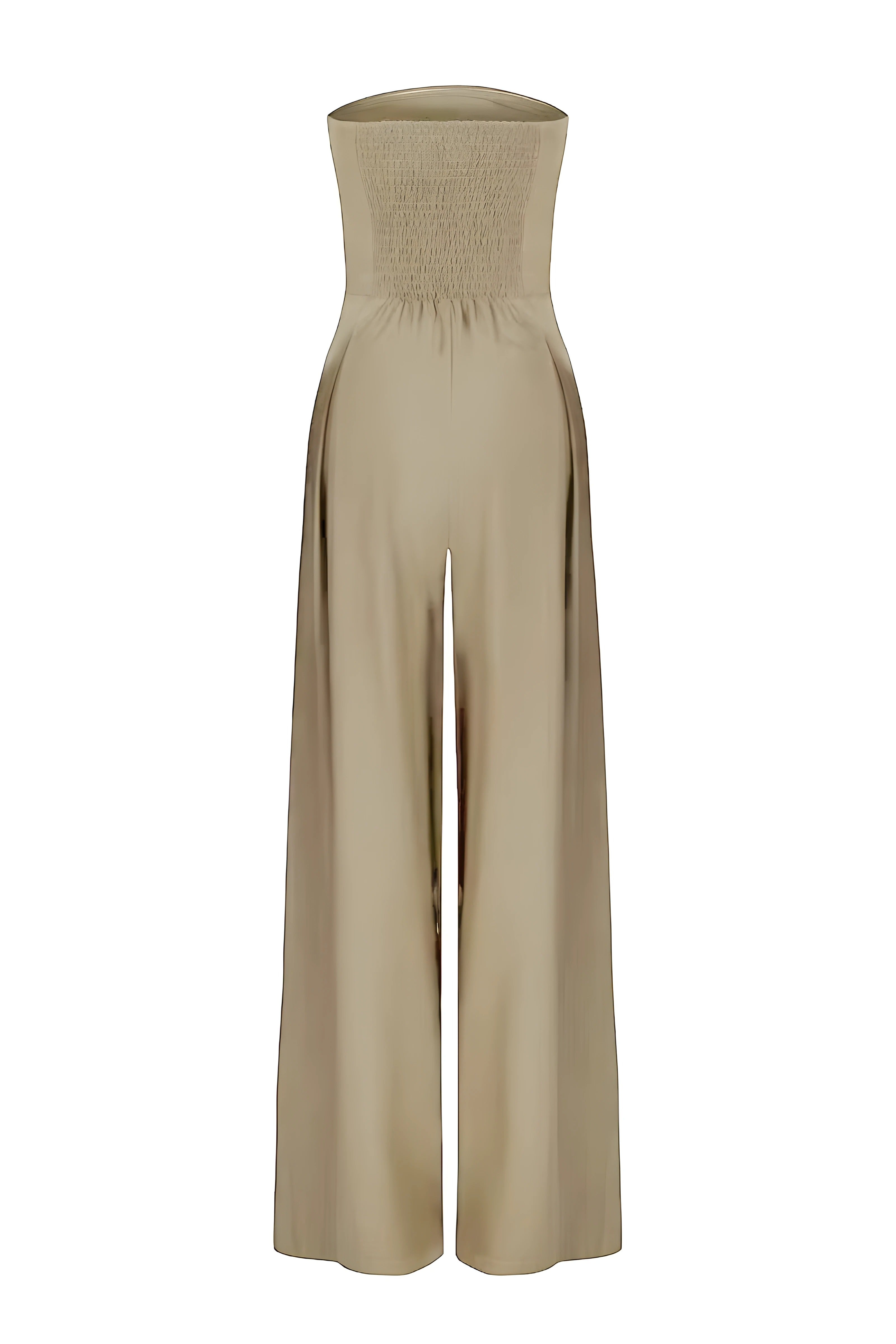 Strapless jumpsuit beige met smal bovenlichaam en wijde pijpen front view