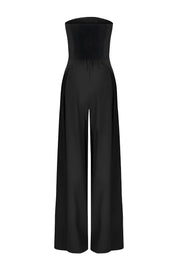 Strapless jumpsuit zwart met smaltocht detail vooraanzicht