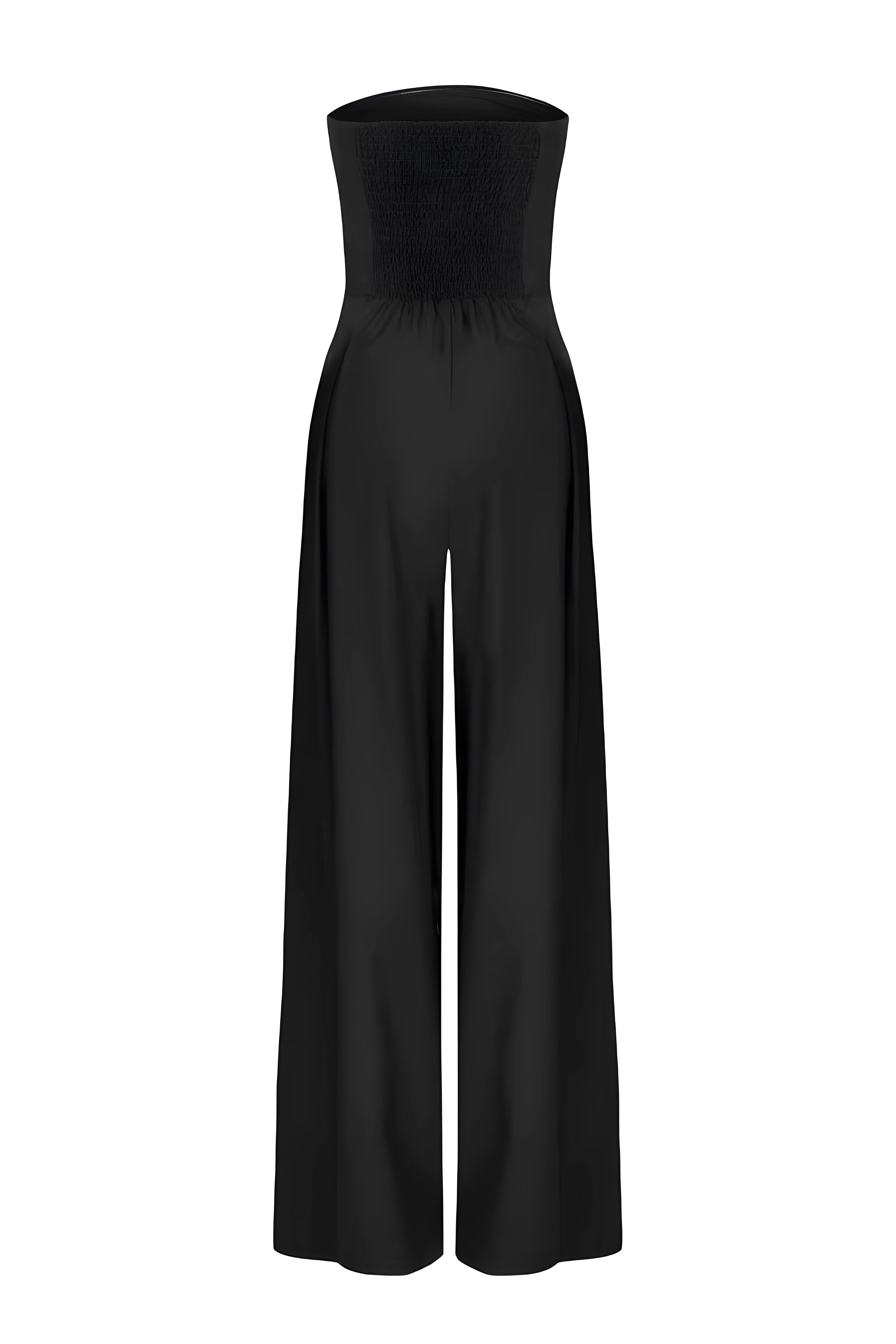 Strapless jumpsuit zwart met smaltocht detail vooraanzicht