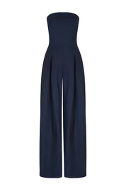 Strapless jumpsuit donkerblauw met korsetdetail front view
