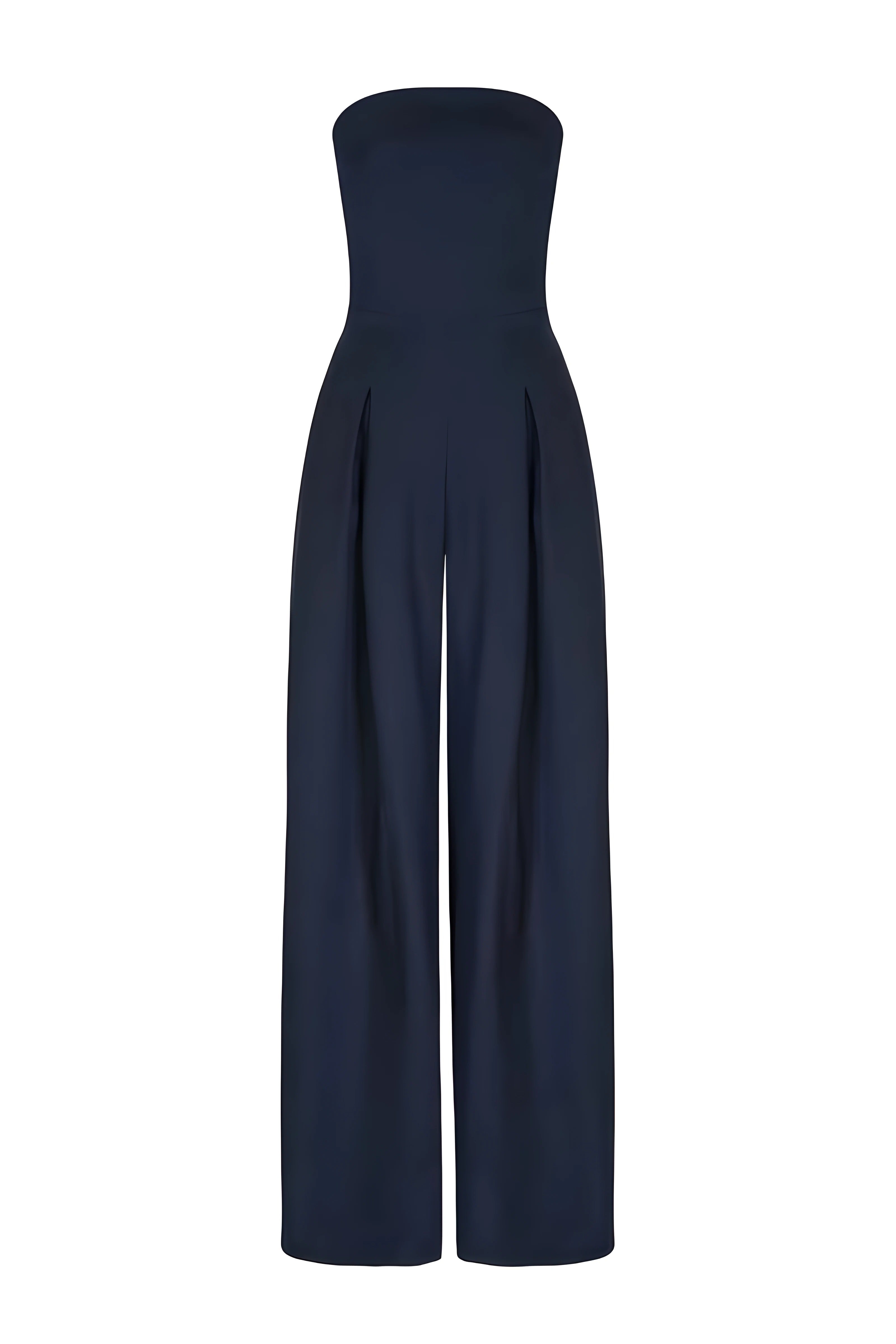 Strapless jumpsuit donkerblauw met korsetdetail front view