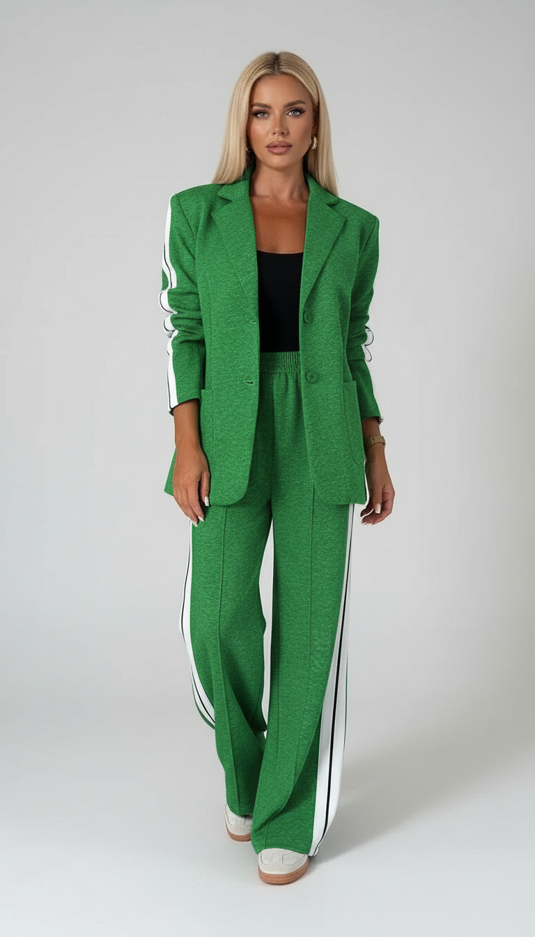 Green track suit with white stripes front view