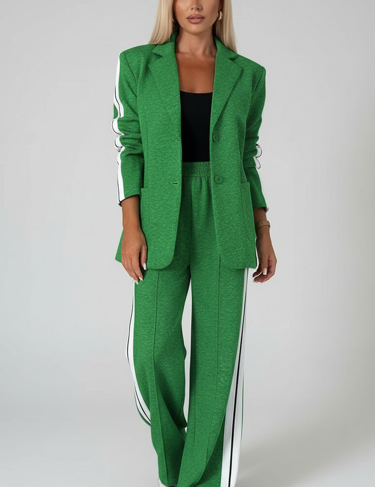 Green track suit with white stripes front view