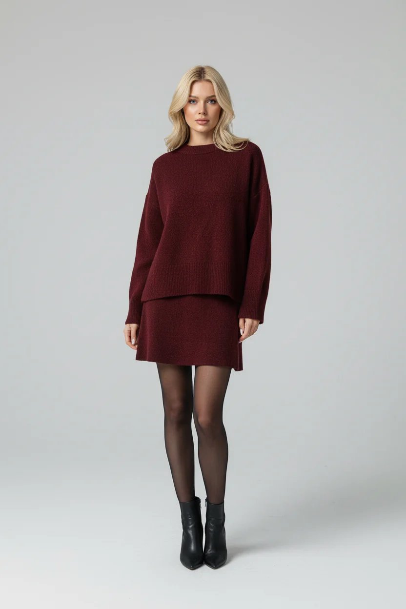 Burgundy knit set with flared skirt and black boots front view