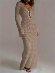 Beige crochet dress with bell sleeves front view